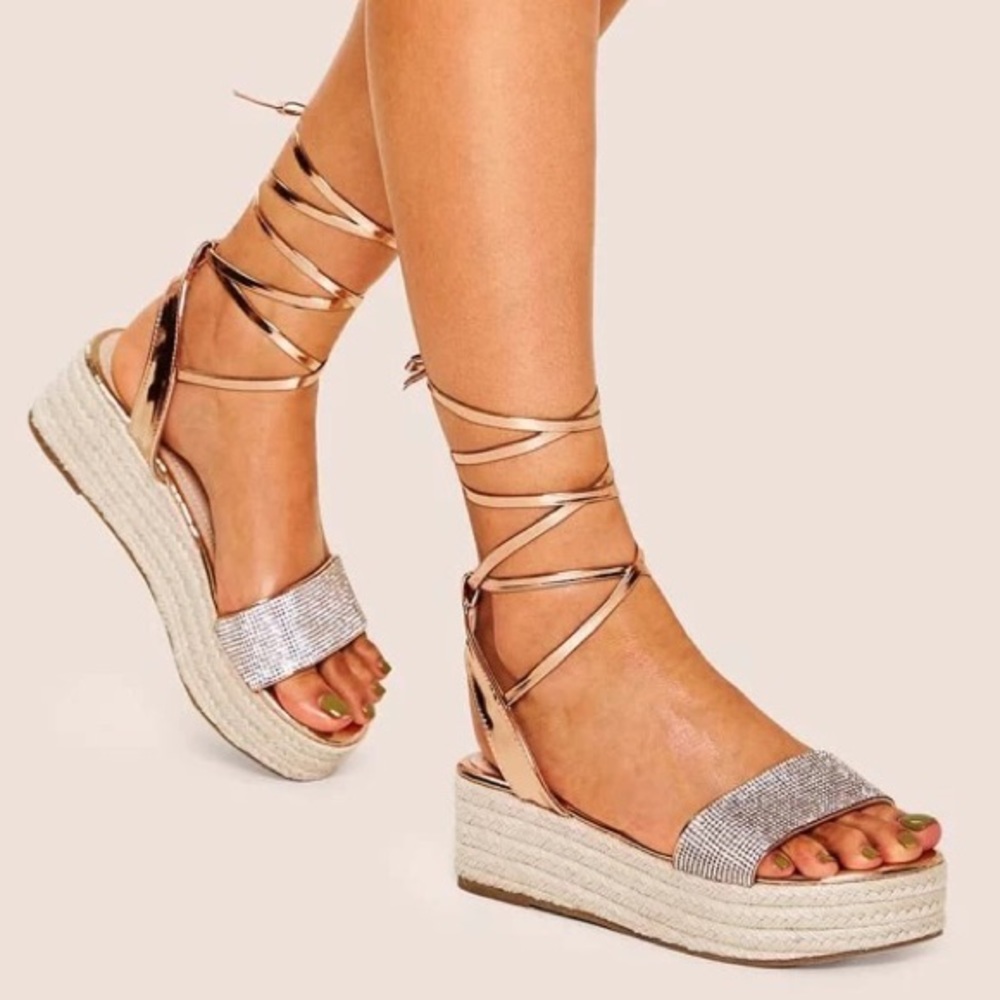 Metallic Tie Leg Espadrille Wedges